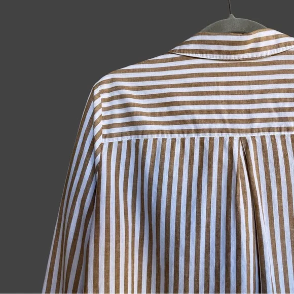 SEZANE Camel Tan & White Ecru Linen Cotton Striped Button Down Tomboy Shirt - Picture 7 of 17